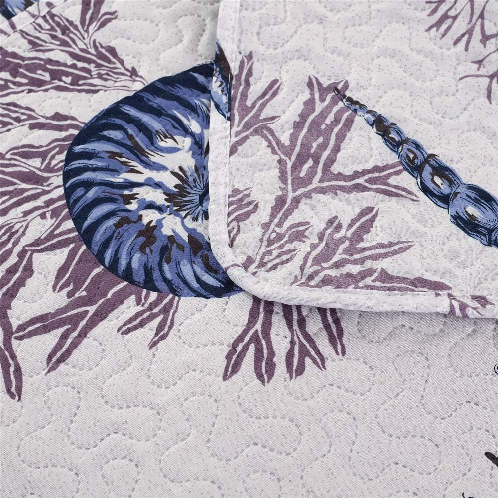 Queen Size Beach Quilt Set - Lightweight Reversible Quilt, Bed Spread, Coverlet - Coastal Ocean Bedding - Starfish Conch Shell Home Decor - Blue