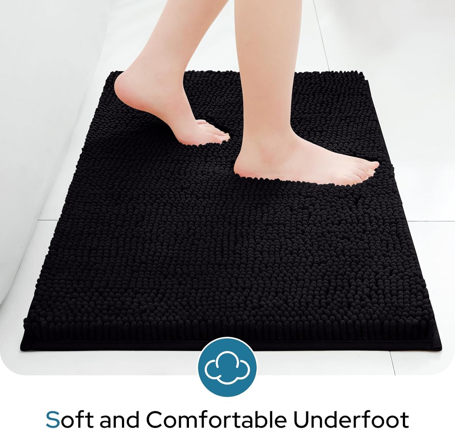 Black Bathroom Rugs Sets 3 Piece with Toilet Lid Cover Non Slip Extra Absorbent Plush Chenille Soft Washable Bath Mats