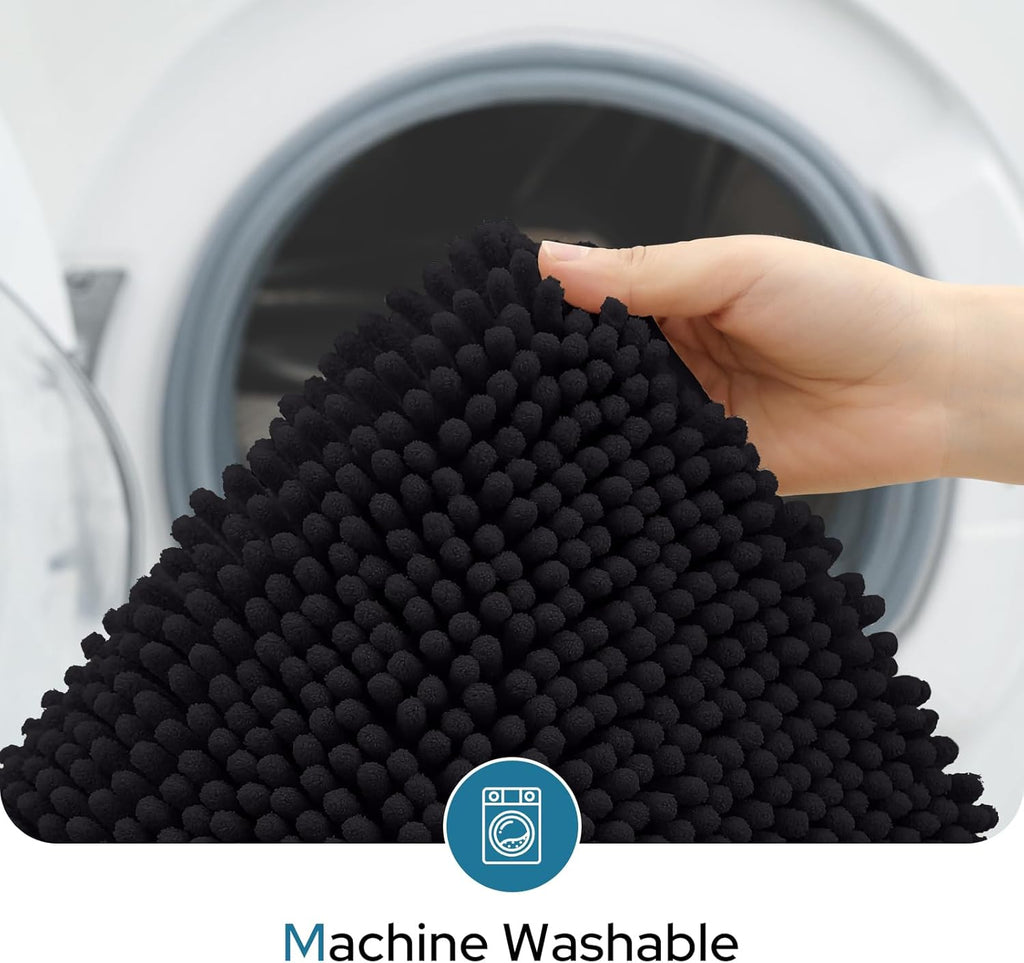 Black Bathroom Rugs Sets 3 Piece with Toilet Lid Cover Non Slip Extra Absorbent Plush Chenille Soft Washable Bath Mats