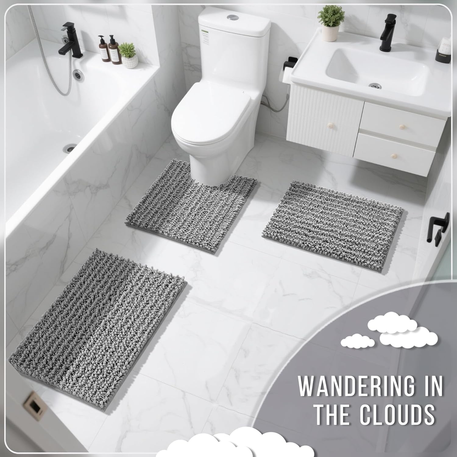 Bathroom Rugs Non Slip Washable 32X20 Inch - Ultra Soft Absorbent Chenille Bath Mat, Quick Dry Shaggy Floor Carpet for Tub Shower, Gray Home Decor Accessories