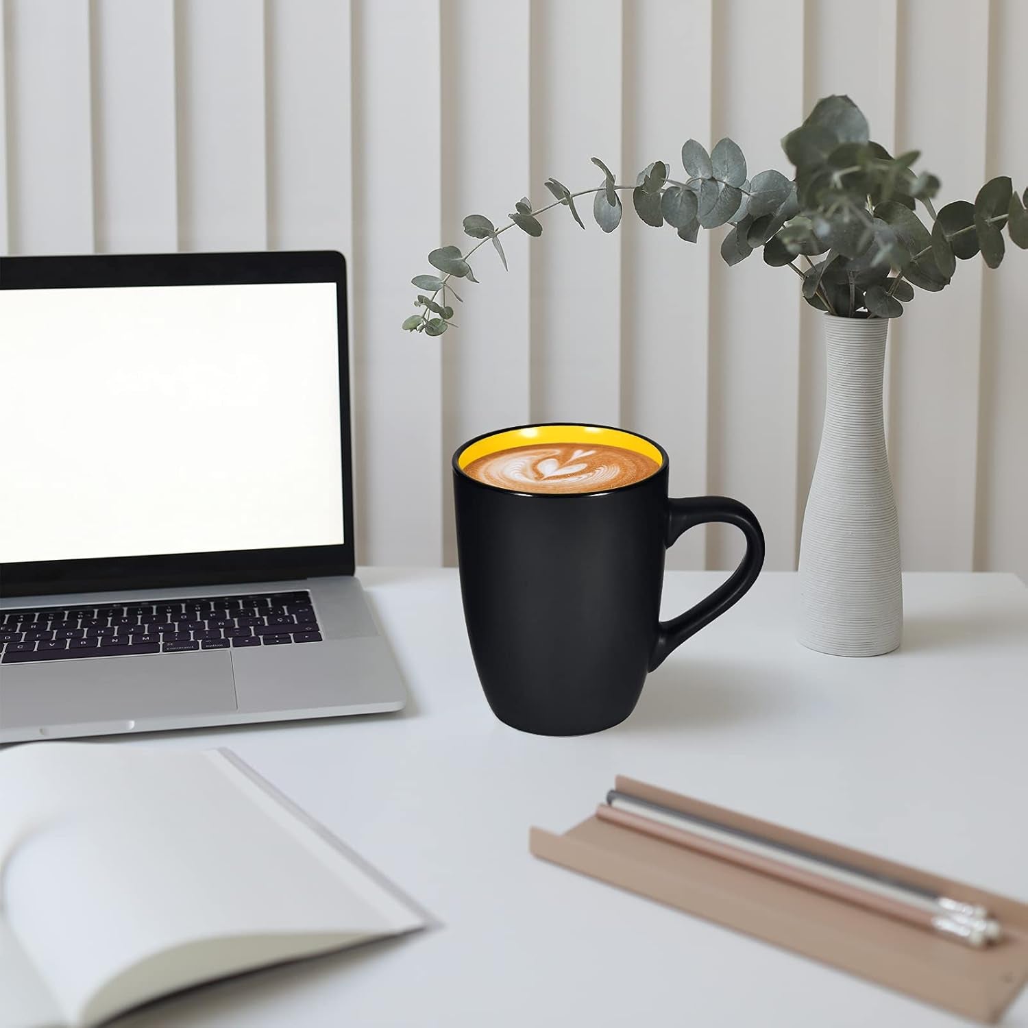 Ceramic Coffee Cup, 16Oz Porcelain Mug with Handle for Office and Home, Large Black Cup for Coffee Tea Cocoa Juice, Yellow