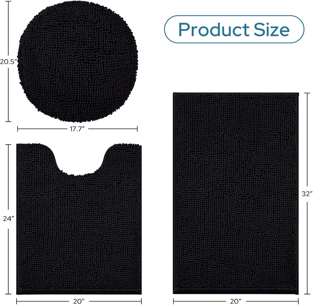 Black Bathroom Rugs Sets 3 Piece with Toilet Lid Cover Non Slip Extra Absorbent Plush Chenille Soft Washable Bath Mats