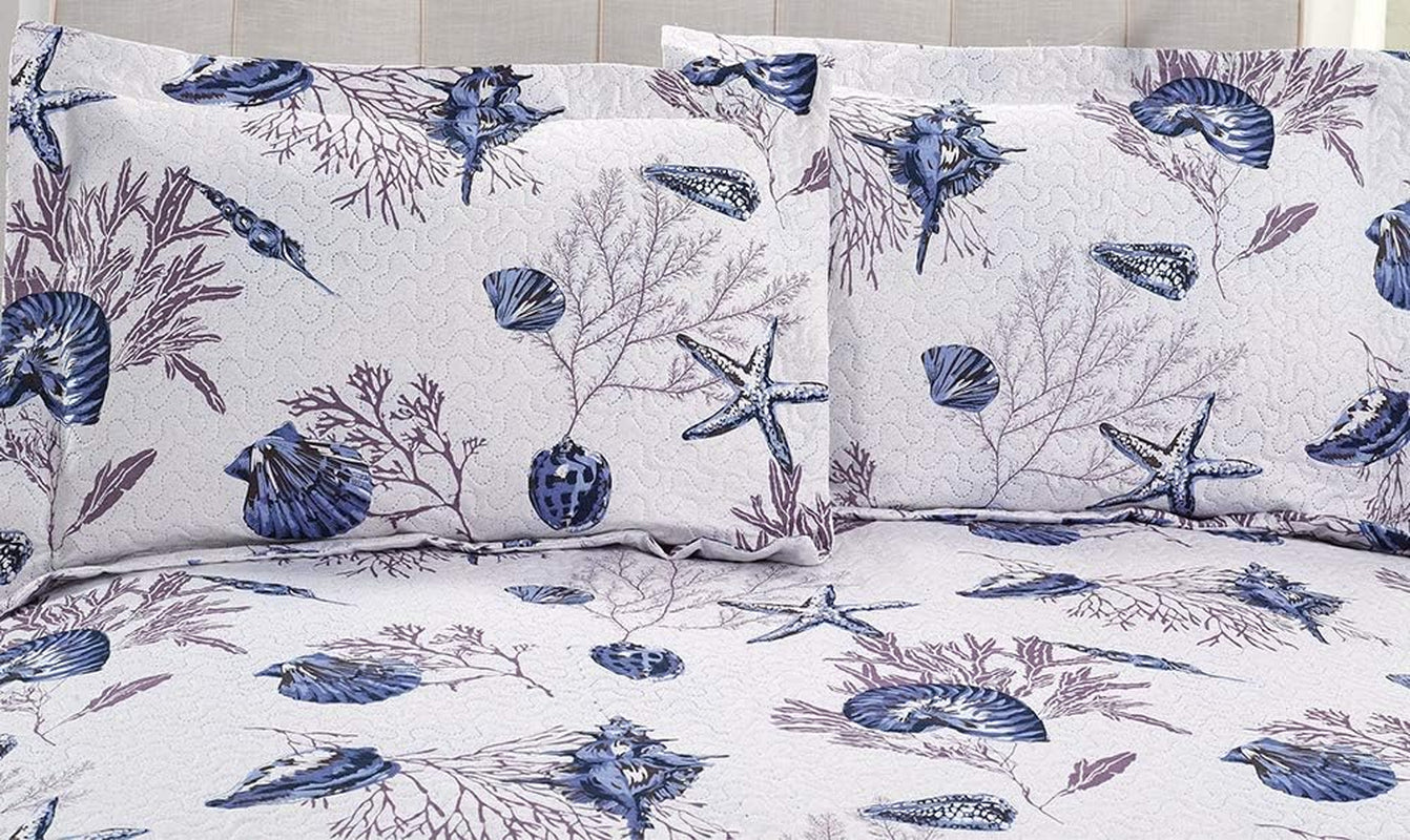 Queen Size Beach Quilt Set - Lightweight Reversible Quilt, Bed Spread, Coverlet - Coastal Ocean Bedding - Starfish Conch Shell Home Decor - Blue