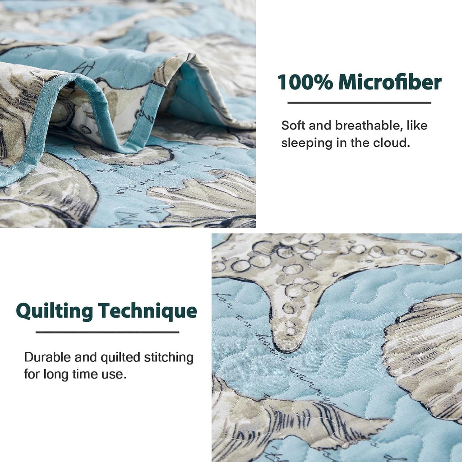 Beach Quilts Set Twin Size Ocean Theme Bedspreads,3 Pcs Seashell Conch Starfish Coverlet Set Lightweight Reversible Bedding with Pillow Shams,Blue