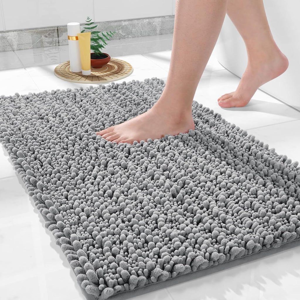 Bathroom Rugs Non Slip Washable 32X20 Inch - Ultra Soft Absorbent Chenille Bath Mat, Quick Dry Shaggy Floor Carpet for Tub Shower, Gray Home Decor Accessories