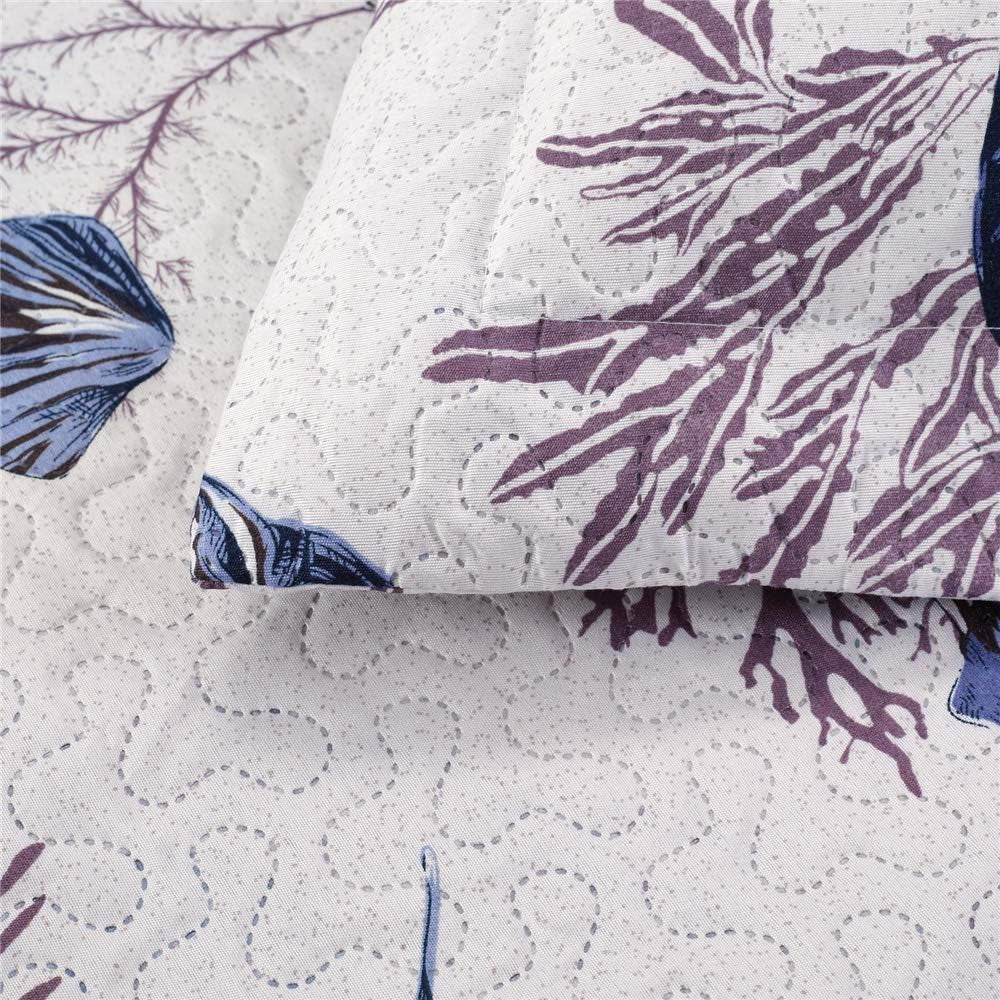 Queen Size Beach Quilt Set - Lightweight Reversible Quilt, Bed Spread, Coverlet - Coastal Ocean Bedding - Starfish Conch Shell Home Decor - Blue