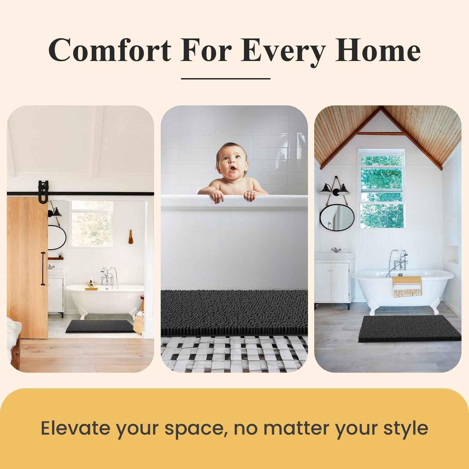 Bathroom Rug Set | Soft Plush Chenille Bath Mats with PVC Non-Slip Backing, Absorbent Washable Quick Dry Area Rug Sets for Bathroom Floor | 32"X20" and 20"X20" Set | Grey