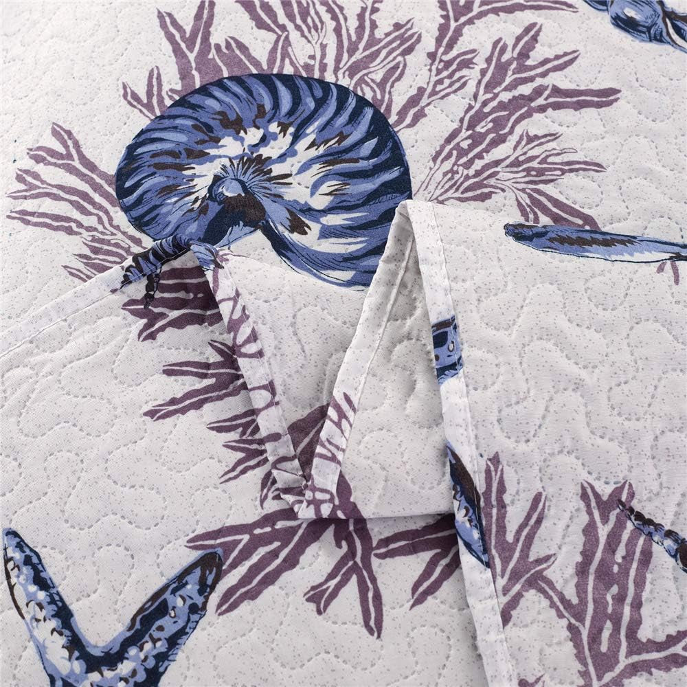 Queen Size Beach Quilt Set - Lightweight Reversible Quilt, Bed Spread, Coverlet - Coastal Ocean Bedding - Starfish Conch Shell Home Decor - Blue
