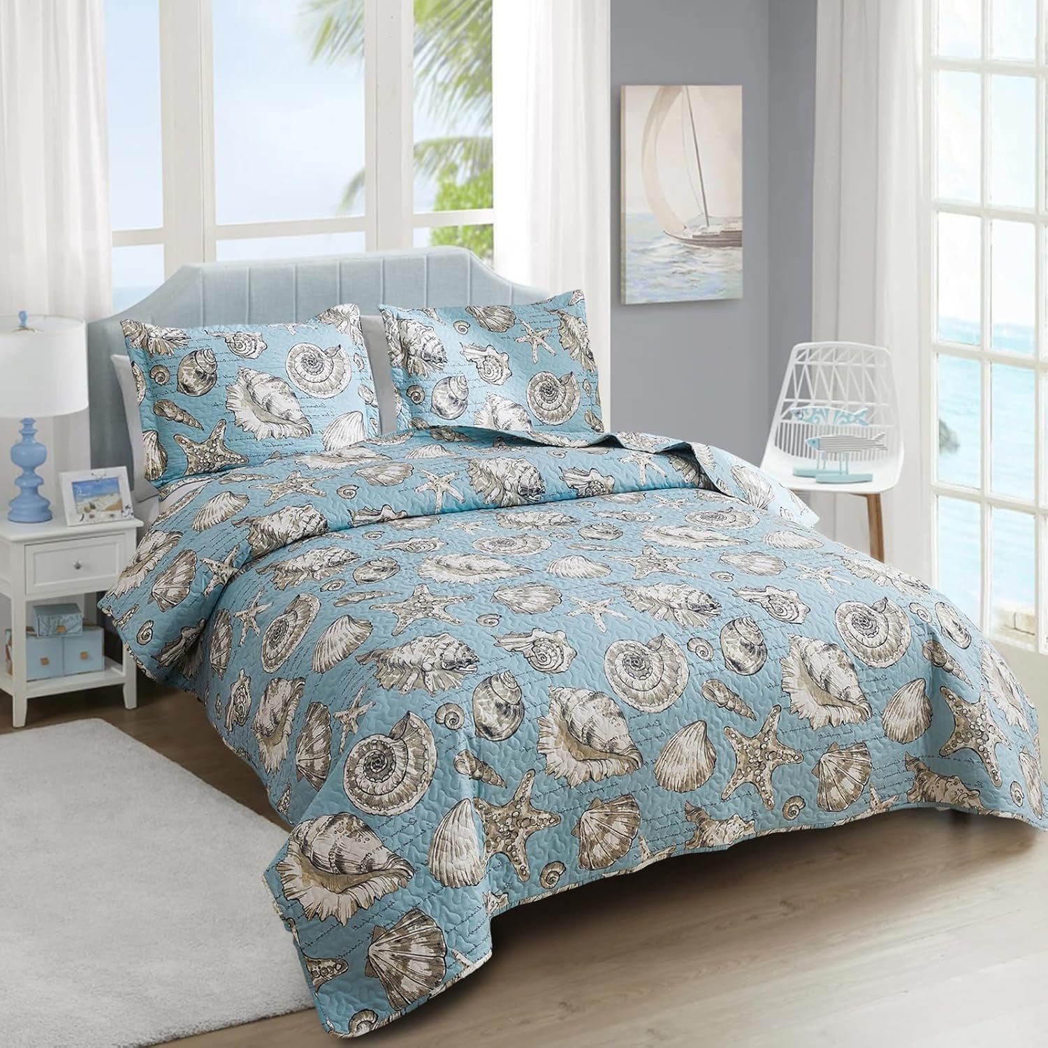 Beach Quilts Set Twin Size Ocean Theme Bedspreads,3 Pcs Seashell Conch Starfish Coverlet Set Lightweight Reversible Bedding with Pillow Shams,Blue