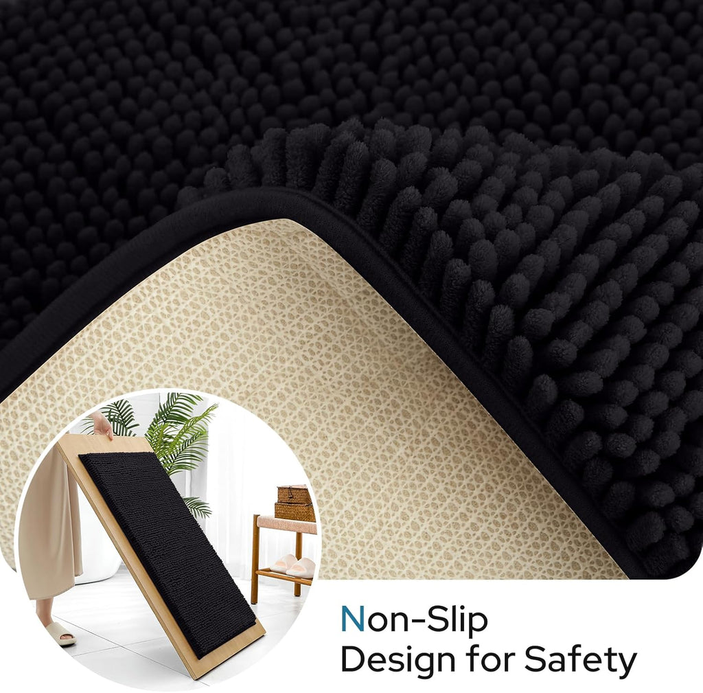 Black Bathroom Rugs Sets 3 Piece with Toilet Lid Cover Non Slip Extra Absorbent Plush Chenille Soft Washable Bath Mats