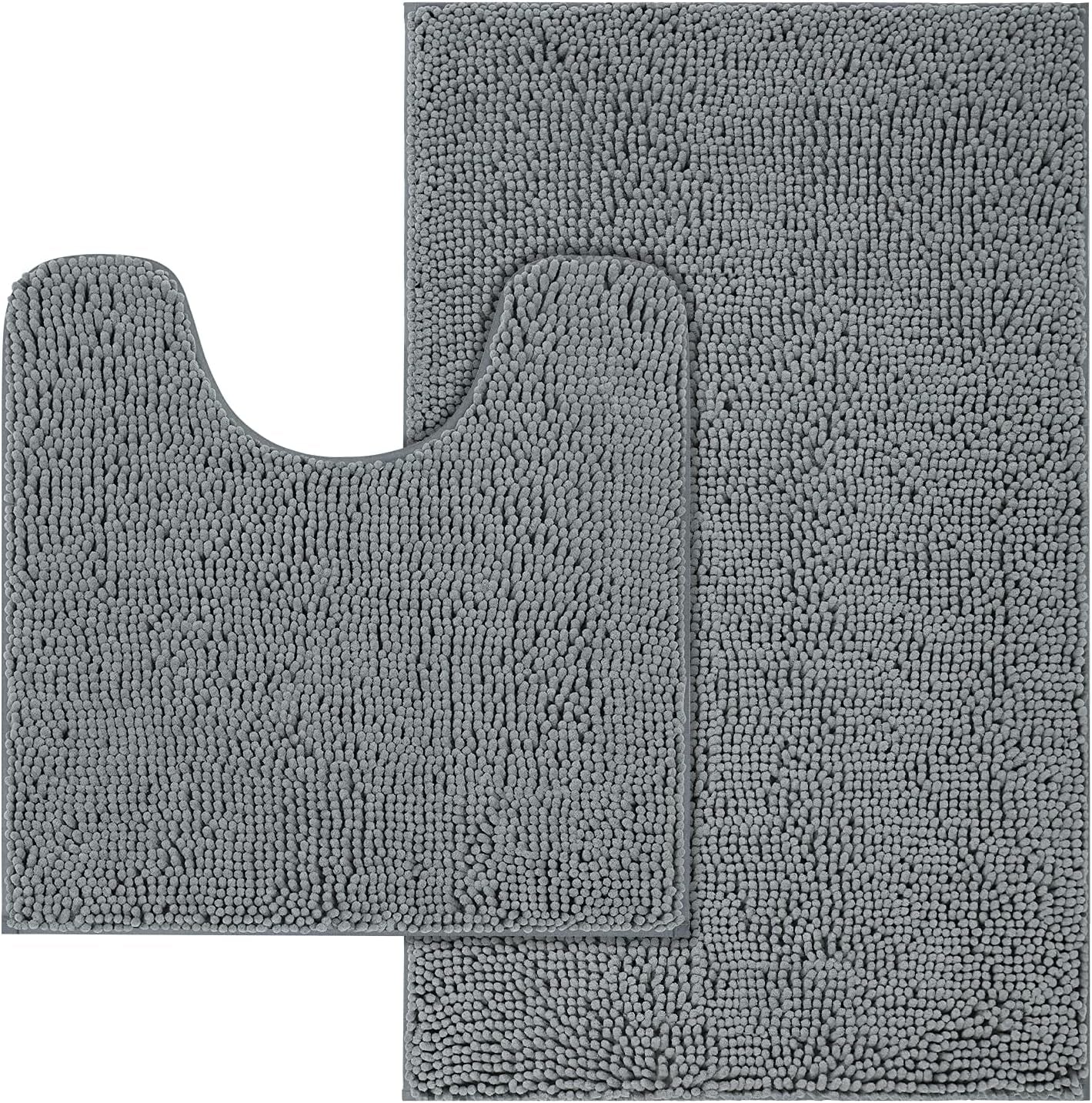 Bathroom Rug Set | Soft Plush Chenille Bath Mats with PVC Non-Slip Backing, Absorbent Washable Quick Dry Area Rug Sets for Bathroom Floor | 32"X20" and 20"X20" Set | Grey