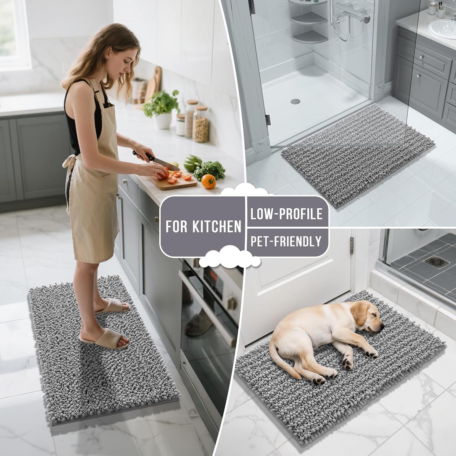 Bathroom Rugs Non Slip Washable 32X20 Inch - Ultra Soft Absorbent Chenille Bath Mat, Quick Dry Shaggy Floor Carpet for Tub Shower, Gray Home Decor Accessories