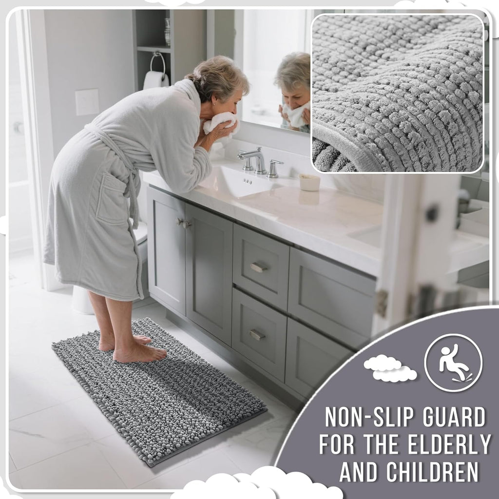 Bathroom Rugs Non Slip Washable 32X20 Inch - Ultra Soft Absorbent Chenille Bath Mat, Quick Dry Shaggy Floor Carpet for Tub Shower, Gray Home Decor Accessories