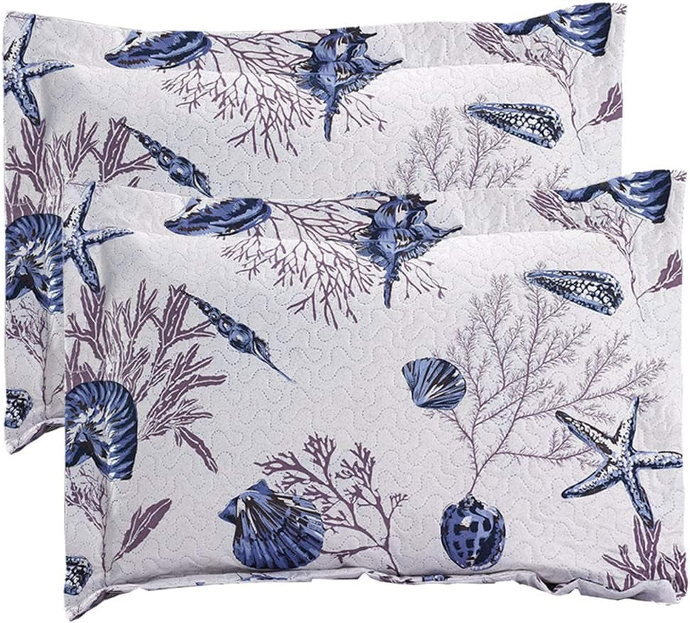 Queen Size Beach Quilt Set - Lightweight Reversible Quilt, Bed Spread, Coverlet - Coastal Ocean Bedding - Starfish Conch Shell Home Decor - Blue