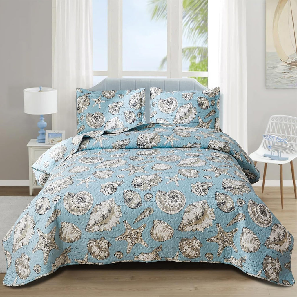 Beach Quilts Set Twin Size Ocean Theme Bedspreads,3 Pcs Seashell Conch Starfish Coverlet Set Lightweight Reversible Bedding with Pillow Shams,Blue