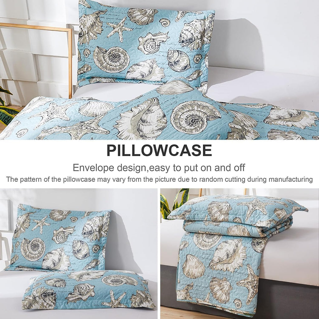 Beach Quilts Set Twin Size Ocean Theme Bedspreads,3 Pcs Seashell Conch Starfish Coverlet Set Lightweight Reversible Bedding with Pillow Shams,Blue