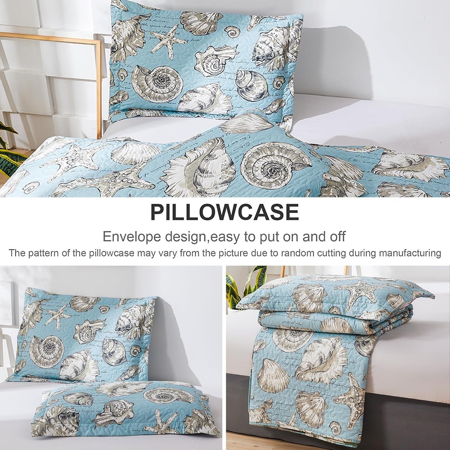 Beach Quilts Set Twin Size Ocean Theme Bedspreads,3 Pcs Seashell Conch Starfish Coverlet Set Lightweight Reversible Bedding with Pillow Shams,Blue