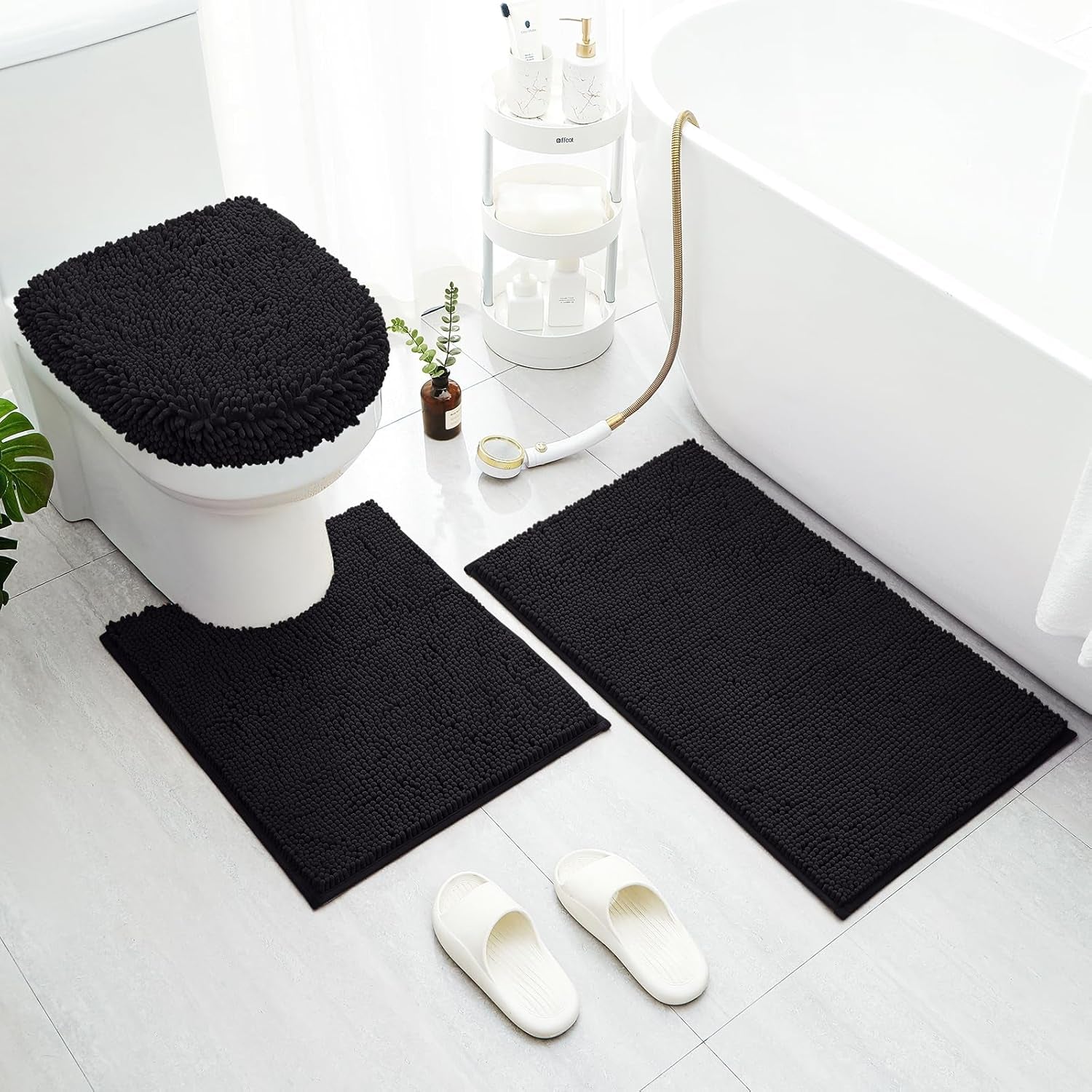 Black Bathroom Rugs Sets 3 Piece with Toilet Lid Cover Non Slip Extra Absorbent Plush Chenille Soft Washable Bath Mats
