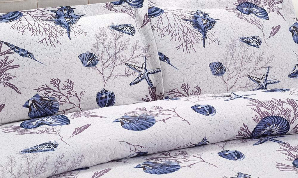 Queen Size Beach Quilt Set - Lightweight Reversible Quilt, Bed Spread, Coverlet - Coastal Ocean Bedding - Starfish Conch Shell Home Decor - Blue