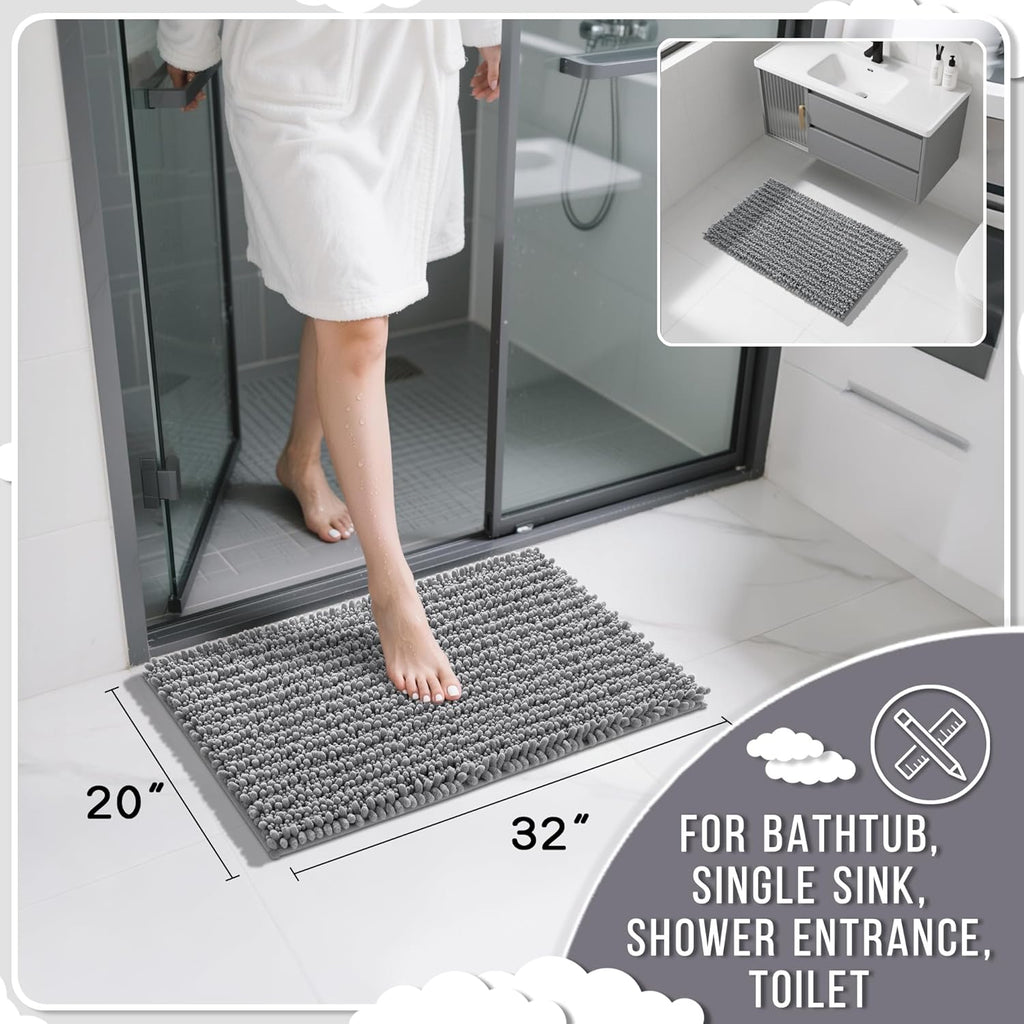 Bathroom Rugs Non Slip Washable 32X20 Inch - Ultra Soft Absorbent Chenille Bath Mat, Quick Dry Shaggy Floor Carpet for Tub Shower, Gray Home Decor Accessories