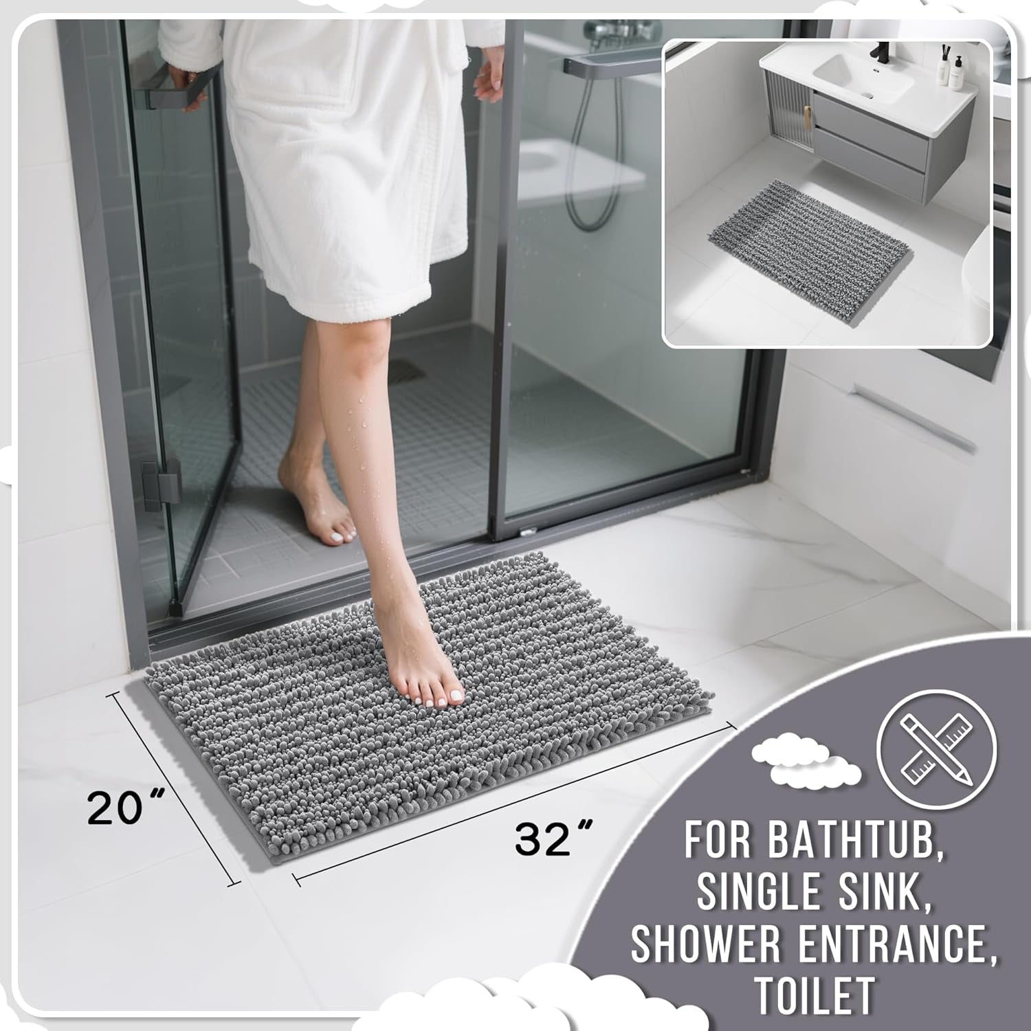 Bathroom Rugs Non Slip Washable 32X20 Inch - Ultra Soft Absorbent Chenille Bath Mat, Quick Dry Shaggy Floor Carpet for Tub Shower, Gray Home Decor Accessories
