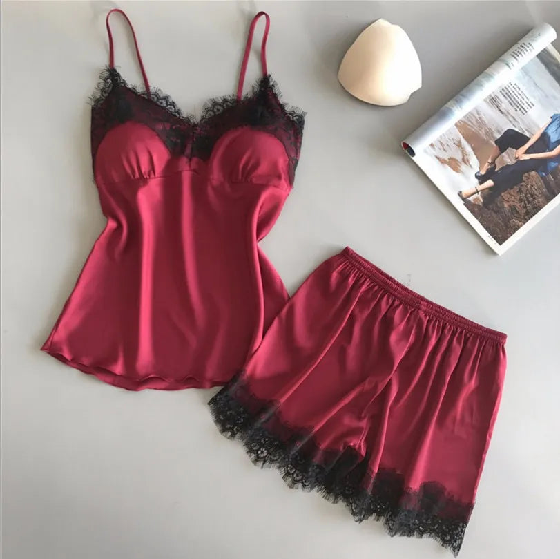 Women Pajama Suit Fashion V-Neck Stretch Satin Babydoll Lace Sexy Lingerie Pyjamas Sleep Shorts Set Sleepwear New